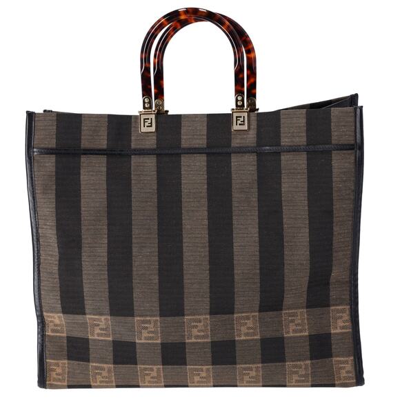 FENDI Sunshine Shopper Tote Bag 8BH372 Dark Brown Black Jacquard Leather - Picture 1 of 8